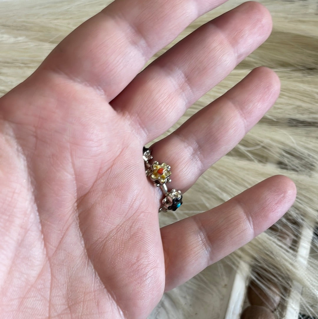 Handcrafted Flower Multi Stone Sterling Silver Ring Size 7