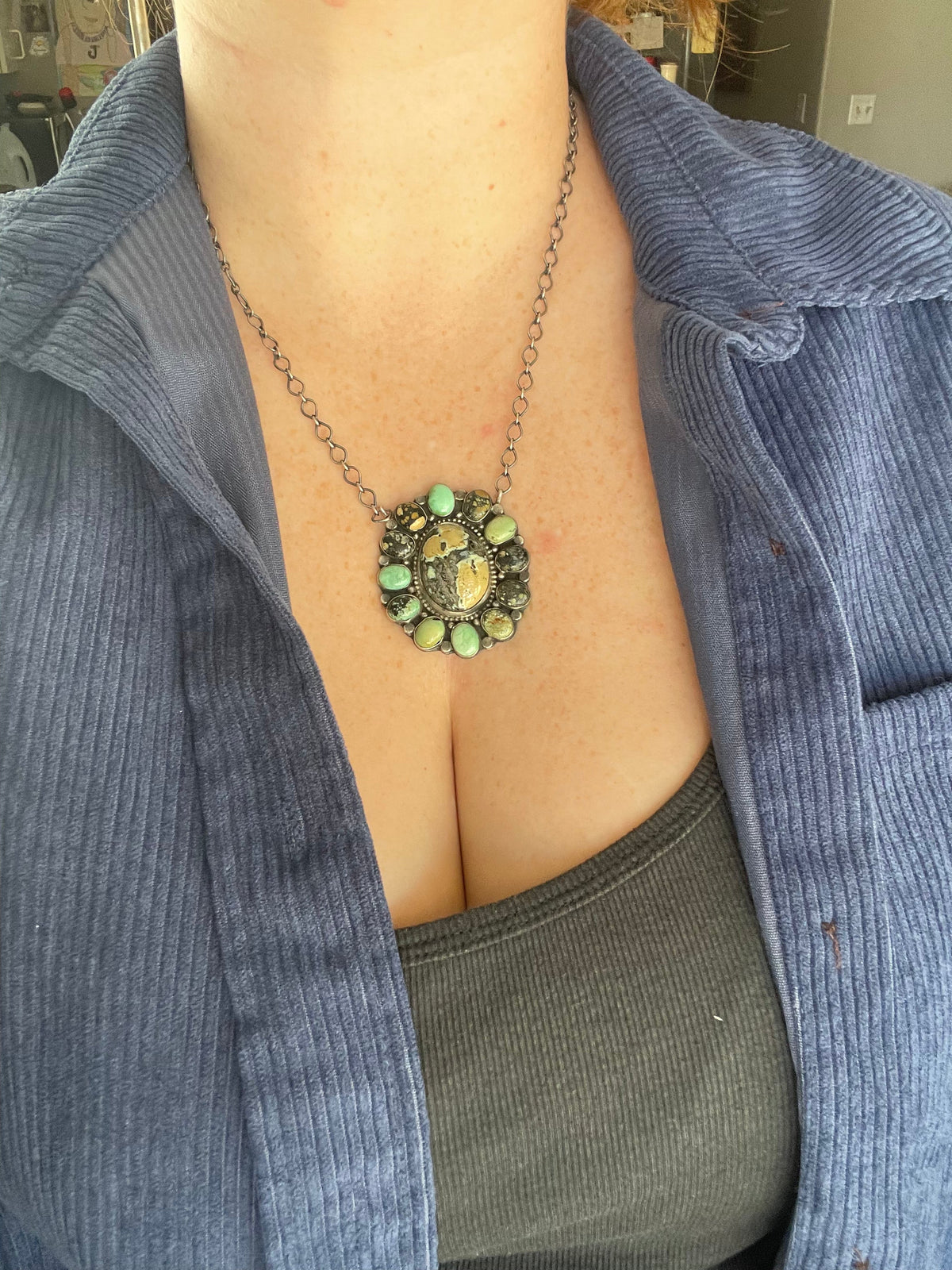 Handcrafted Royston & Carico Turquoise & Sterling Silver Cluster Necklace by Sheila Becenti