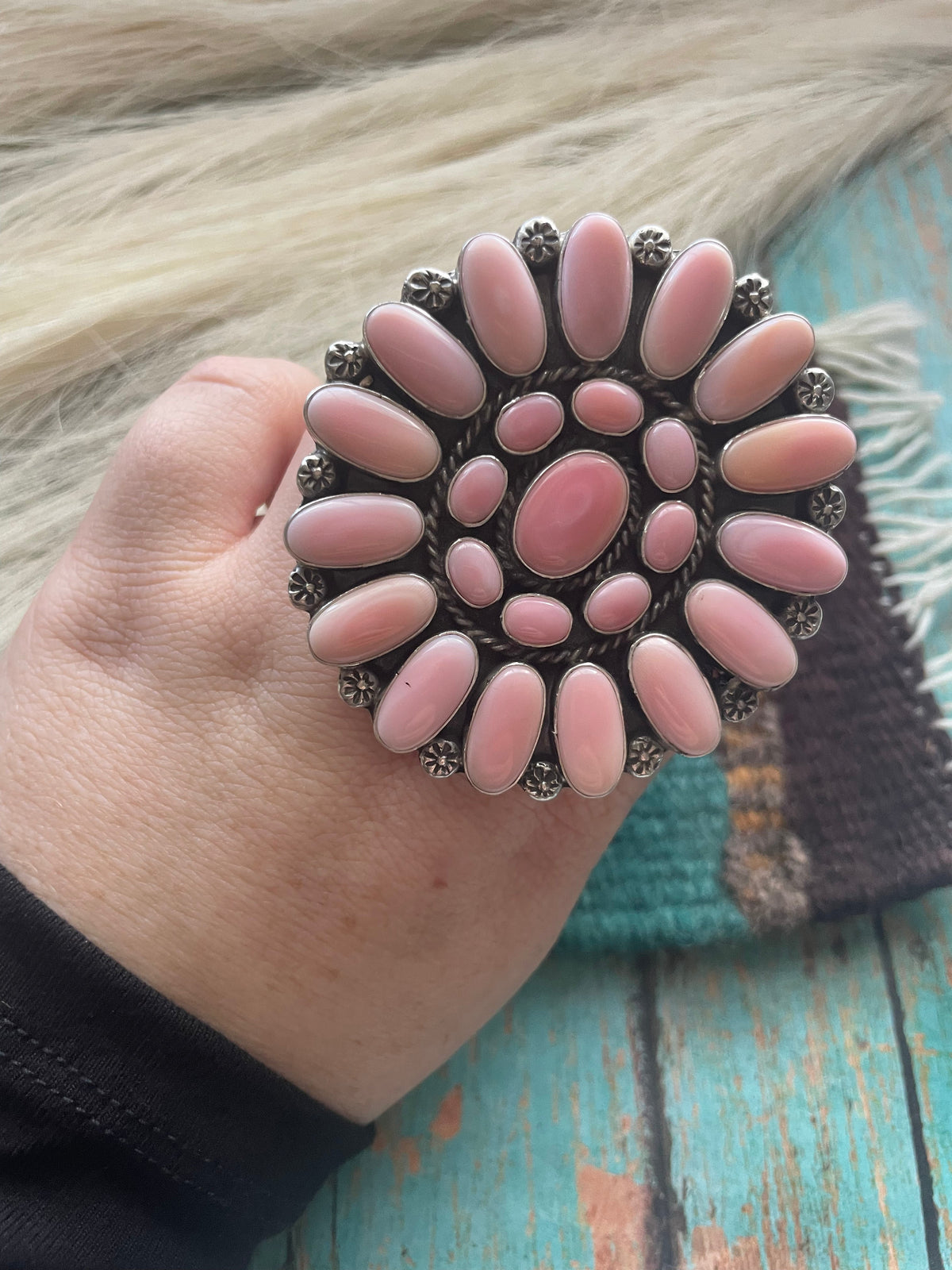 Handcrafted Sterling and Queen Pink Conch Shell Adjustable Statement Ring Signed C Yazzie