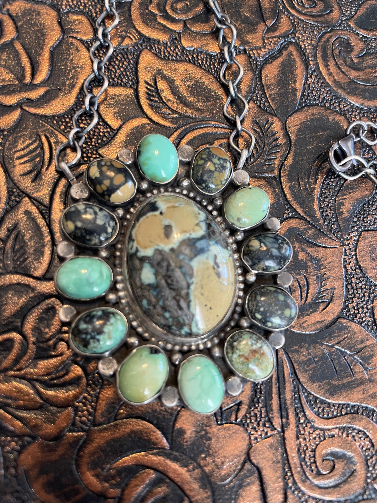 Handcrafted Royston & Carico Turquoise & Sterling Silver Cluster Necklace by Sheila Becenti
