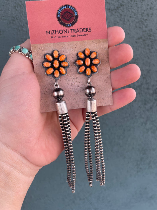 Handcrafted Sterling Silver Tassel Orange Spiny Flower Dangle Earrings Signed