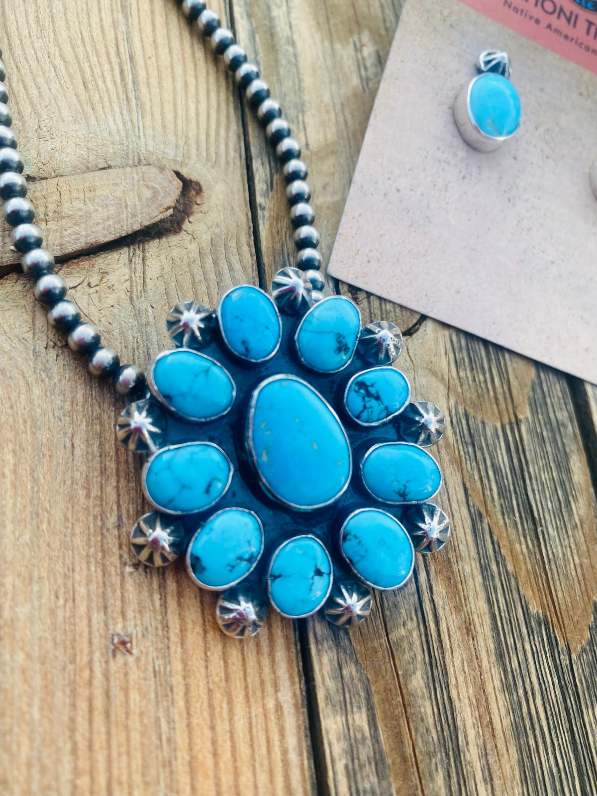 Handcrafted Sleeping Beauty Turquoise & Sterling Silver Cluster Earrings & Pendant Set