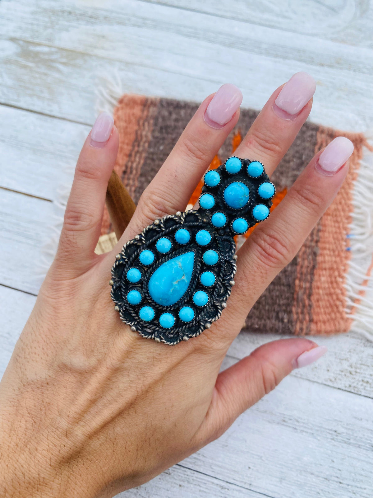Handcrafted Sleeping Beauty Turquoise & Sterling Silver Statement Ring Size 9.5