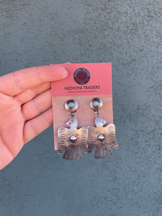 Handcrafted Turquoise & Sterling Silver Thunderbird Dangle Earrings By Tim Yazzie
