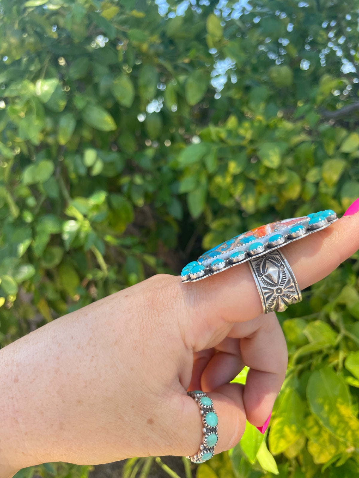 Handcrafted Turquoise, Orange Dream & Sterling Silver Adjustable Ring Signed P Yazzie