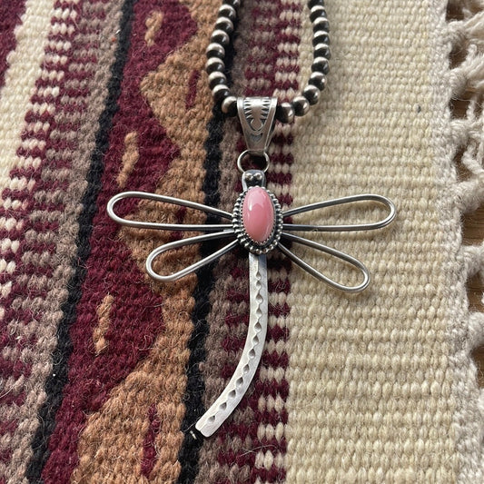 Handcrafted Pink Conch & Sterling Silver Dragonfly Pendant Signed