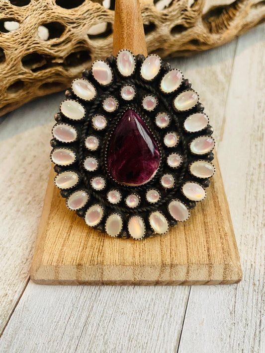 Handcrafted Sterling Silver, Mother of Pearl & Purple Spiny Cluster Adjustable Ring
