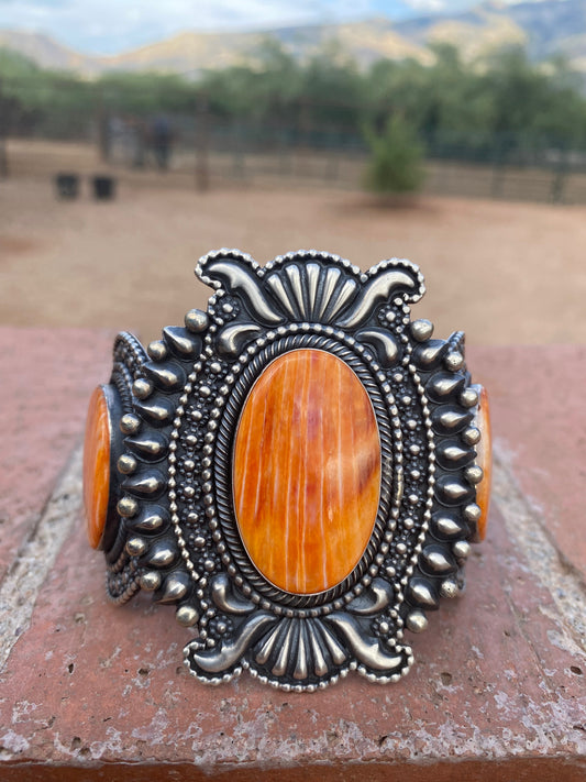 Beautiful Handcrafted Orange Spiny & Sterling Silver Cuff Bracelet Signed