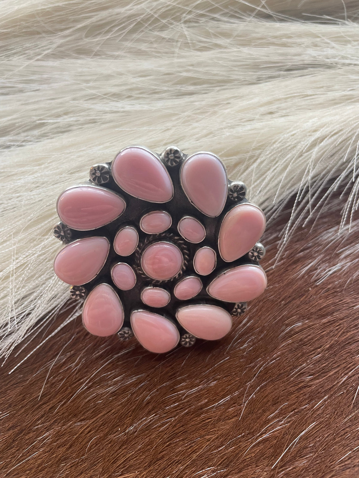 Handcrafted Sterling and Queen Pink Conch Shell Adjustable Statement Ring Signed C Yazzie