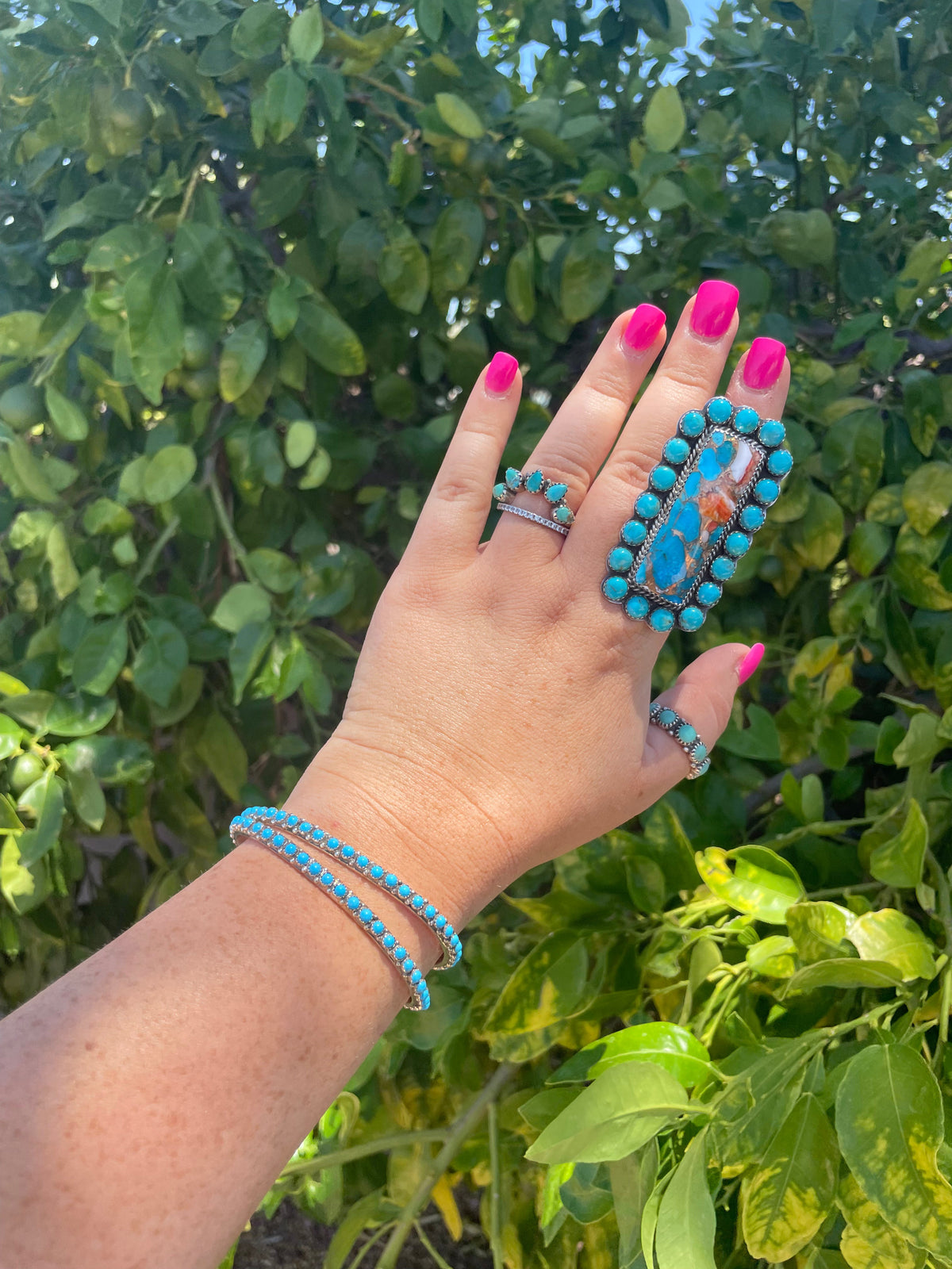 Handcrafted Turquoise, Orange Dream & Sterling Silver Adjustable Ring Signed P Yazzie