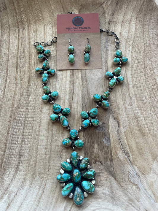Handcrafted Sterling Silver Sonoran Mountain Turquoise Necklace & Earring Set By Sheila Becenti