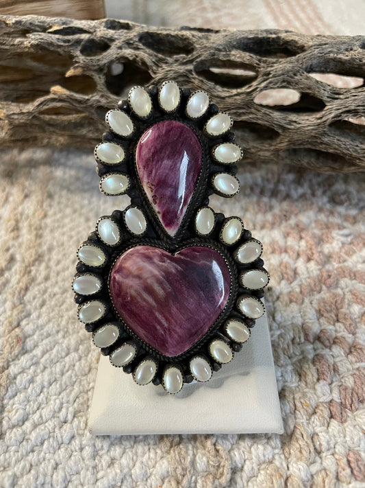 Handcrafted Mother Of Pearl And Purple Spiny Sterling Silver Adjustable Ring