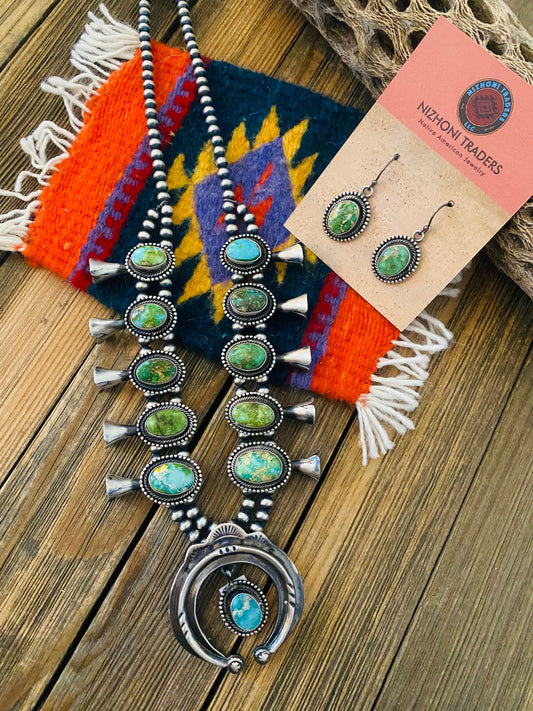 Handcrafted Sonoran Gold Turquoise & Sterling Silver Squash Blossom Necklace Set
