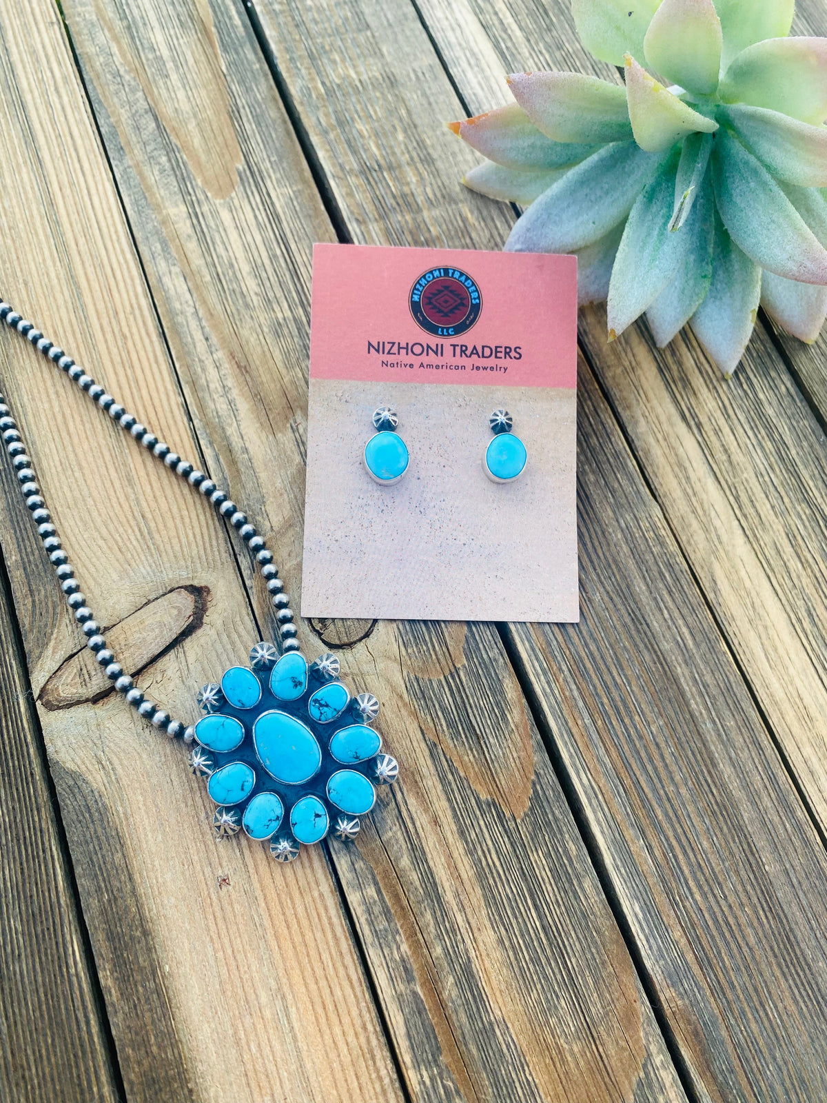 Handcrafted Sleeping Beauty Turquoise & Sterling Silver Cluster Earrings & Pendant Set