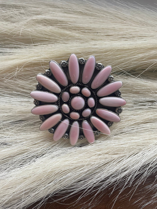 Handcrafted Sterling and Queen Pink Conch Shell Adjustable Statement Ring Signed C Yazzie