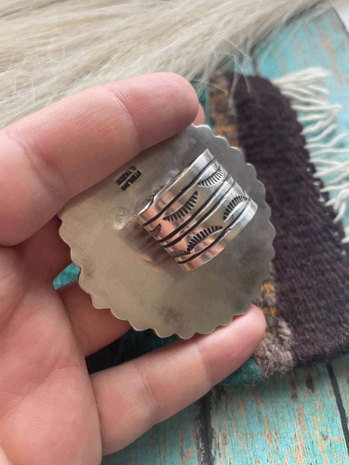 Handcrafted Sterling and Queen Pink Conch Shell Adjustable Statement Ring Signed C Yazzie