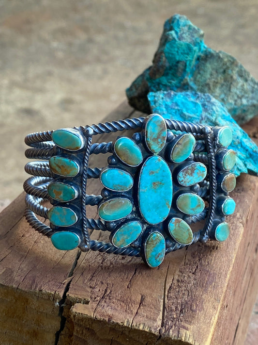 Handcrafted Jacqueline Silver Royston Turquoise & Sterling Cluster Cuff /