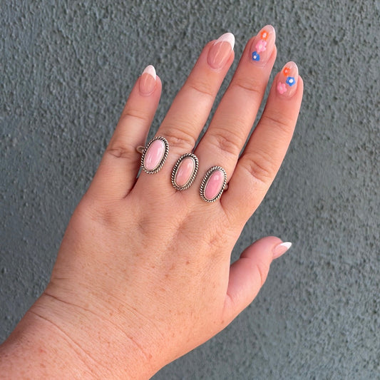 “The Triple Threat” Handcrafted Pink Conch And Sterling Silver Adjustable Ring Signed P.A Smith