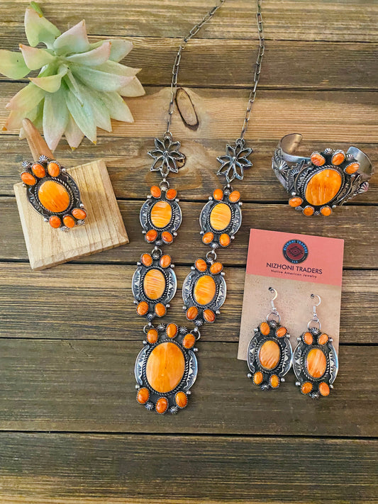 Handcrafted Orange Spiny And Sterling Silver 4 Piece Set by Kevin Billah