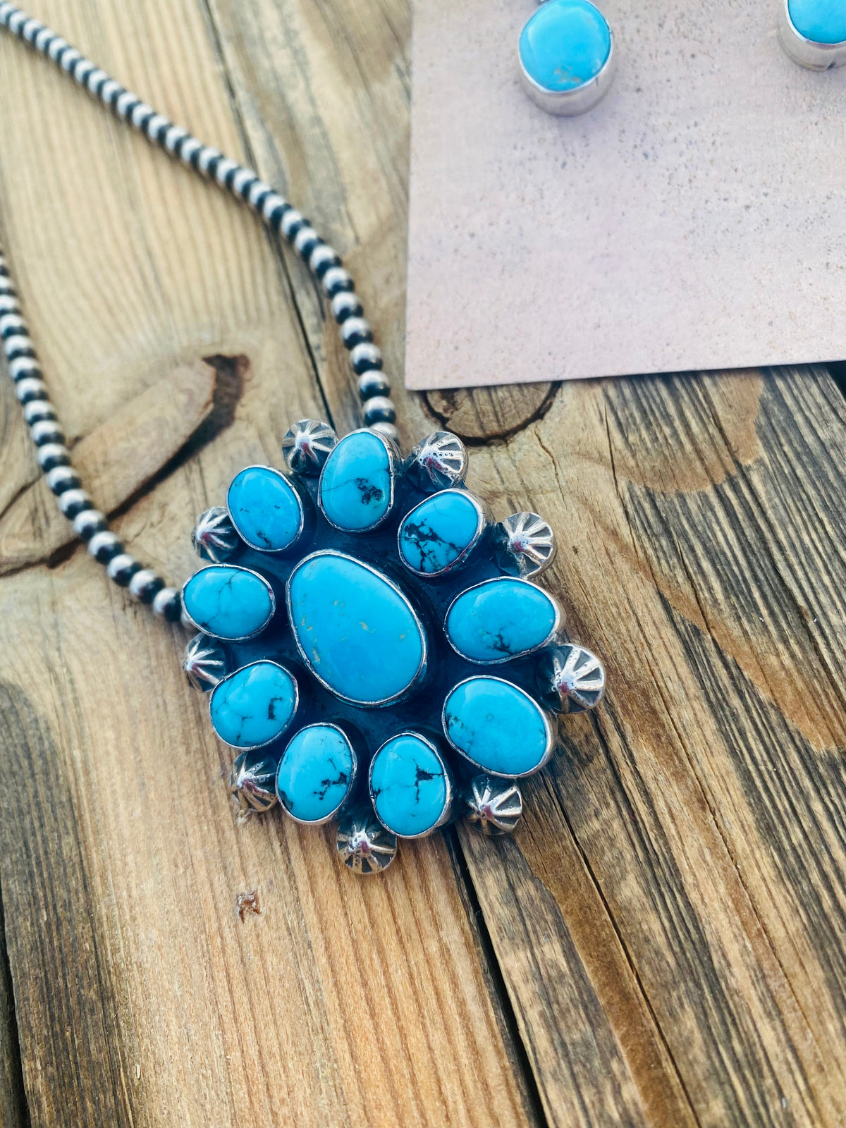 Handcrafted Sleeping Beauty Turquoise & Sterling Silver Cluster Earrings & Pendant Set