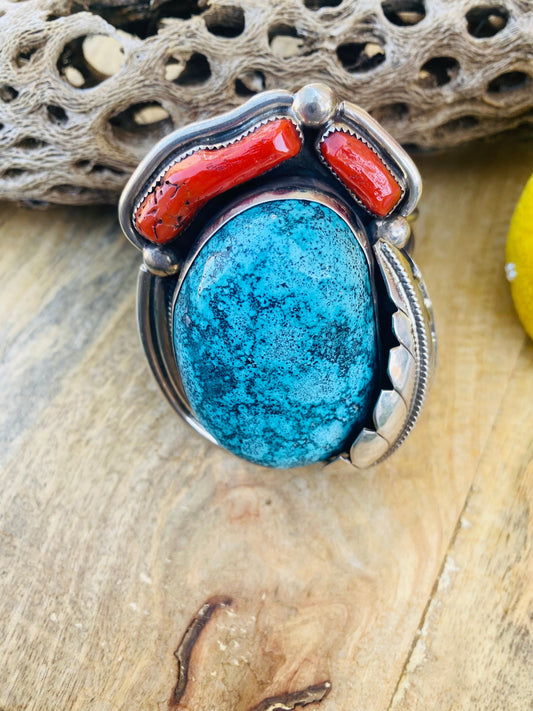 Handcrafted Incredible Bisbee Turquoise, Coral & Sterling Silver Jumbo Cuff Bracelet /