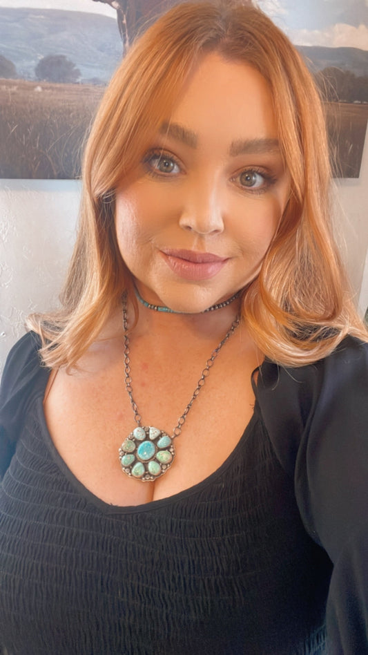 Handcrafted Carico Lake & Royston Turquoise Cluster Necklace Stamped & Signed
