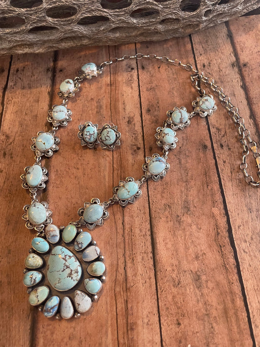 Handcrafted Golden Hills Turquoise Necklace Set signed LK