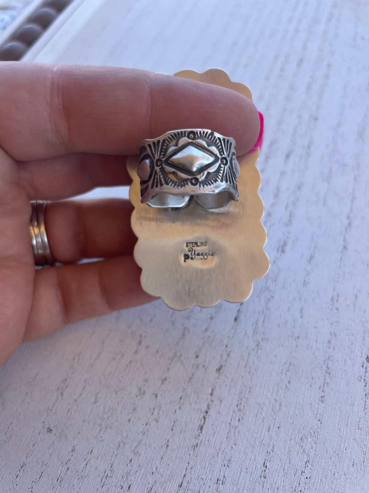 Handcrafted Turquoise, Orange Dream & Sterling Silver Adjustable Ring Signed P Yazzie