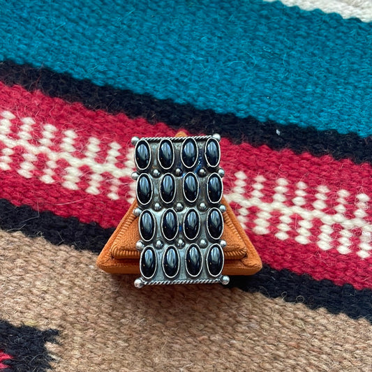 Handcrafted Sterling Silver & Black Onyx Cluster Ring Size 8 Signed Jacquline Silver