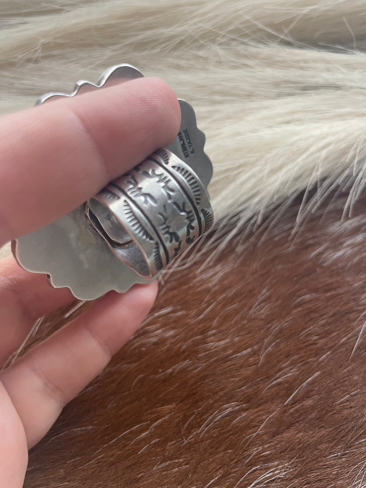 Handcrafted Sterling and Queen Pink Conch Shell Adjustable Statement Ring Signed C Yazzie
