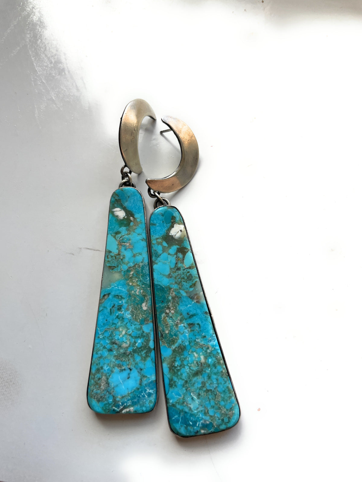 Handcrafted Turquoise & Sterling Silver Moon Slab Dangles Signed P Yazzie