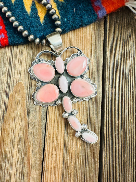 Handcrafted Queen Pink Conch & Sterling Silver Dragonfly Pendant By Tina Benally