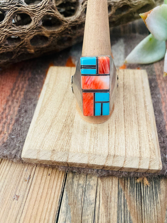Old Pawn Vintage Handcrafted Sterling Silver, Turquoise & Spiny Inlay Ring Size 11