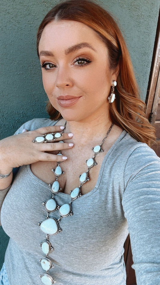 Larry Kaye Handcrafted Dry Creek Turquoise Drop Necklace, Earrings, Ring, Bracelet Set