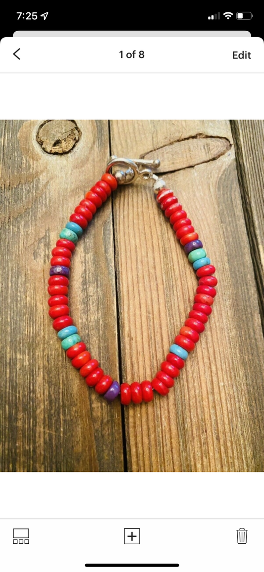Handcrafted Coral & Multi Stone Sterling Silver Beaded Bracelet