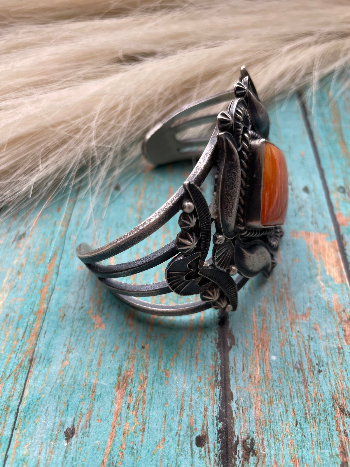 Handcrafted Orange Spiny Sterling Silver Cuff Bracelet Signed Kevin Billah /