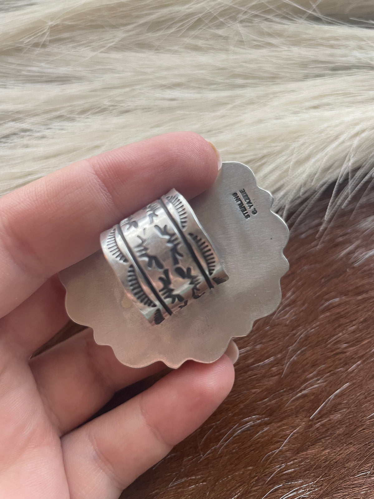 Handcrafted Sterling and Queen Pink Conch Shell Adjustable Statement Ring Signed C Yazzie