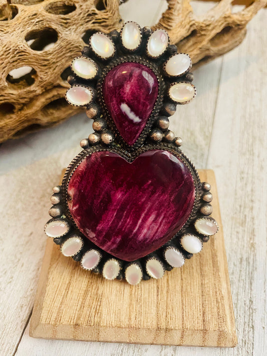 Handcrafted Sterling Silver, Mother of Pearl & Purple Spiny Cluster Adjustable Ring