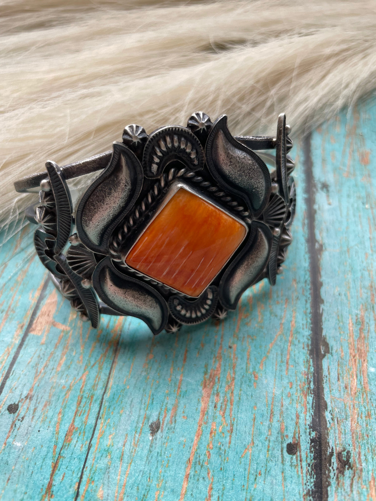 Handcrafted Orange Spiny Sterling Silver Cuff Bracelet Signed Kevin Billah /