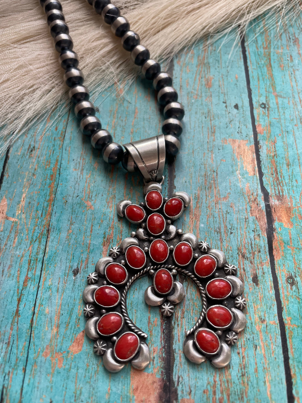 Handcrafted Natural Coral & Sterling Silver Naja Pendant Signed P Yazzie’s