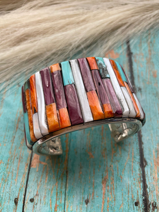 Handcrafted Sterling Silver & Multi Cobblestone Cuff Bracelet Signed