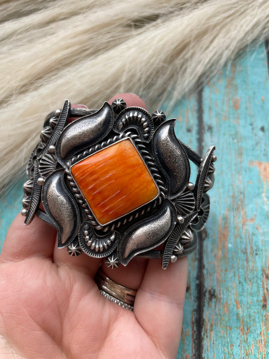 Handcrafted Orange Spiny Sterling Silver Cuff Bracelet Signed Kevin Billah /