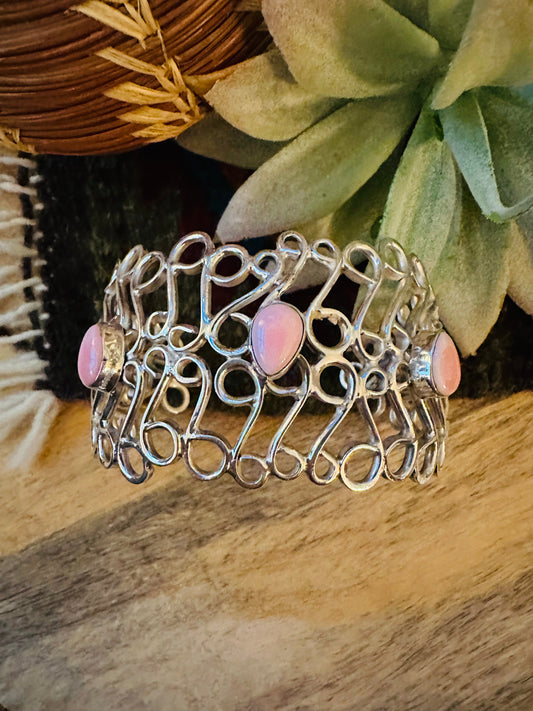 Handcrafted Queen Pink Conch Shell & Sterling Silver Cuff Bracelet