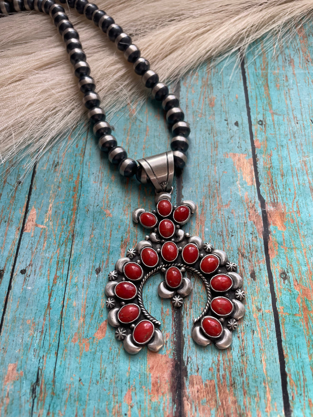Handcrafted Natural Coral & Sterling Silver Naja Pendant Signed P Yazzie’s