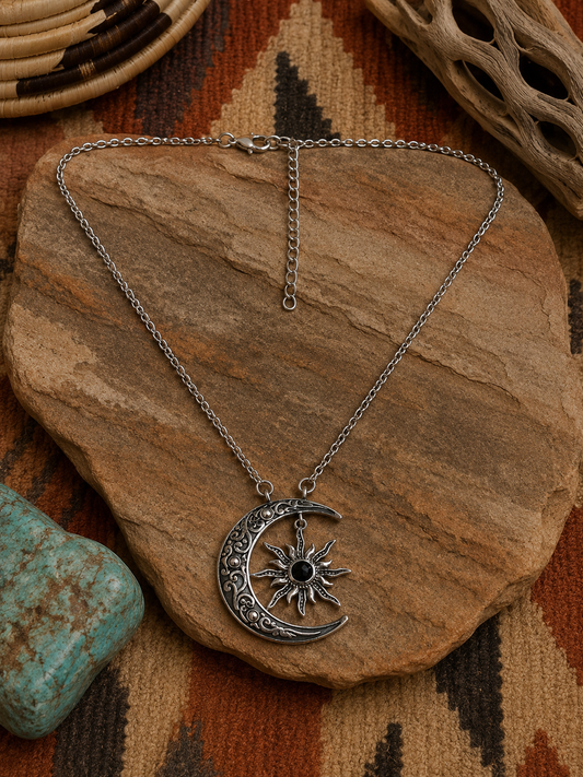 Black Onyx Crescent Sterling Silver Moon and Star Necklace