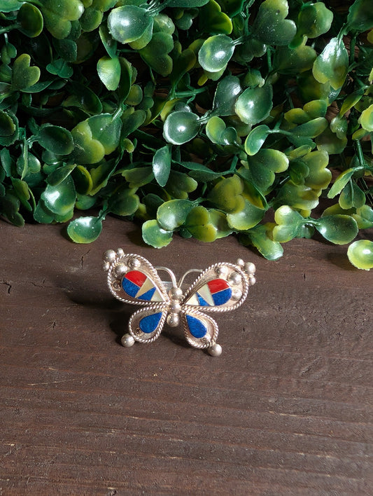 Handcrafted Lapis & Red Coral MultiStone Butterfly Shaped Sterling Silver Ring Size 7